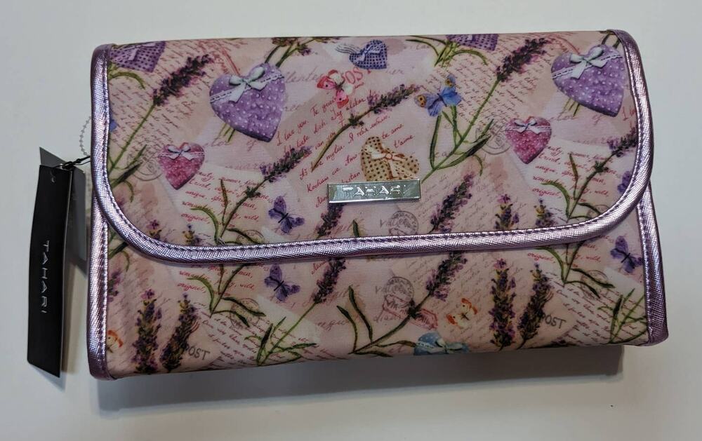 Tahari Lilac Sweethearts Hanging Travel Fold Up Toiletry Case Bag Clear Plastic